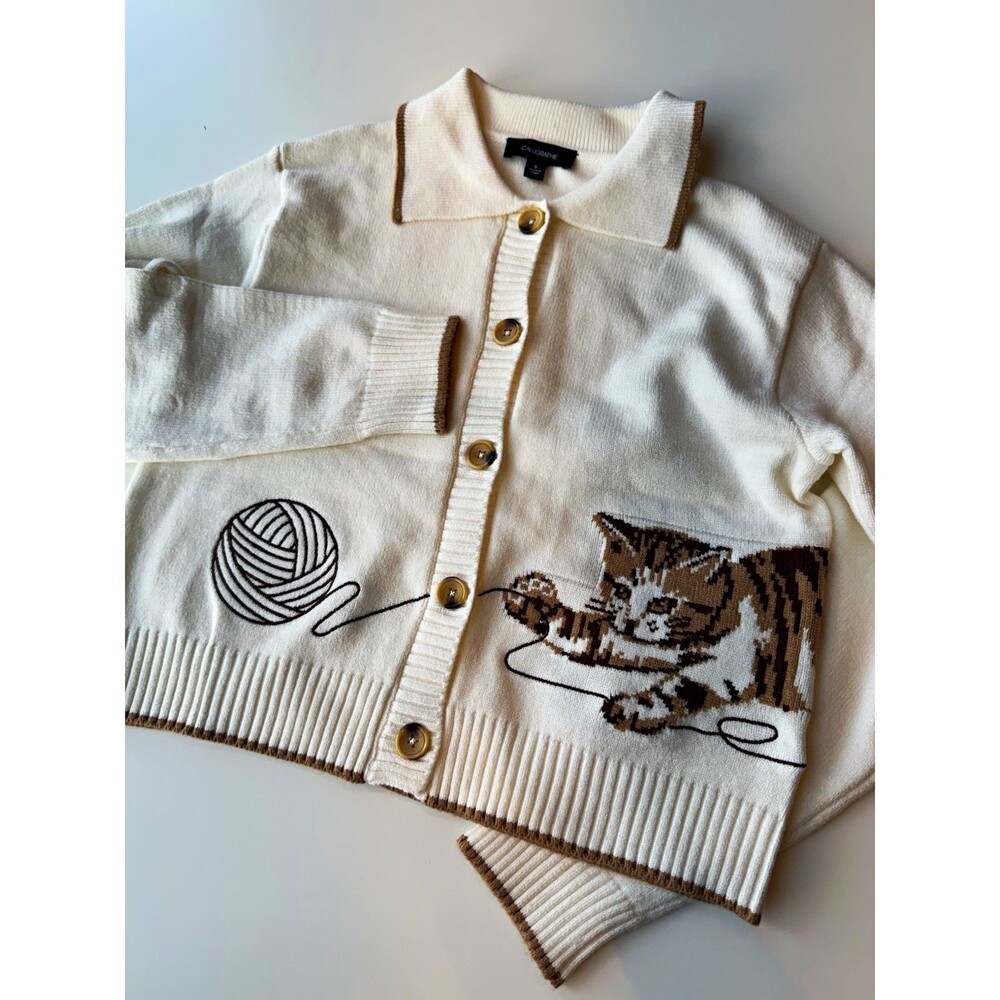Anthropologie Calligraphie Women's Cream Collared Button Knit Cat Cardigan S